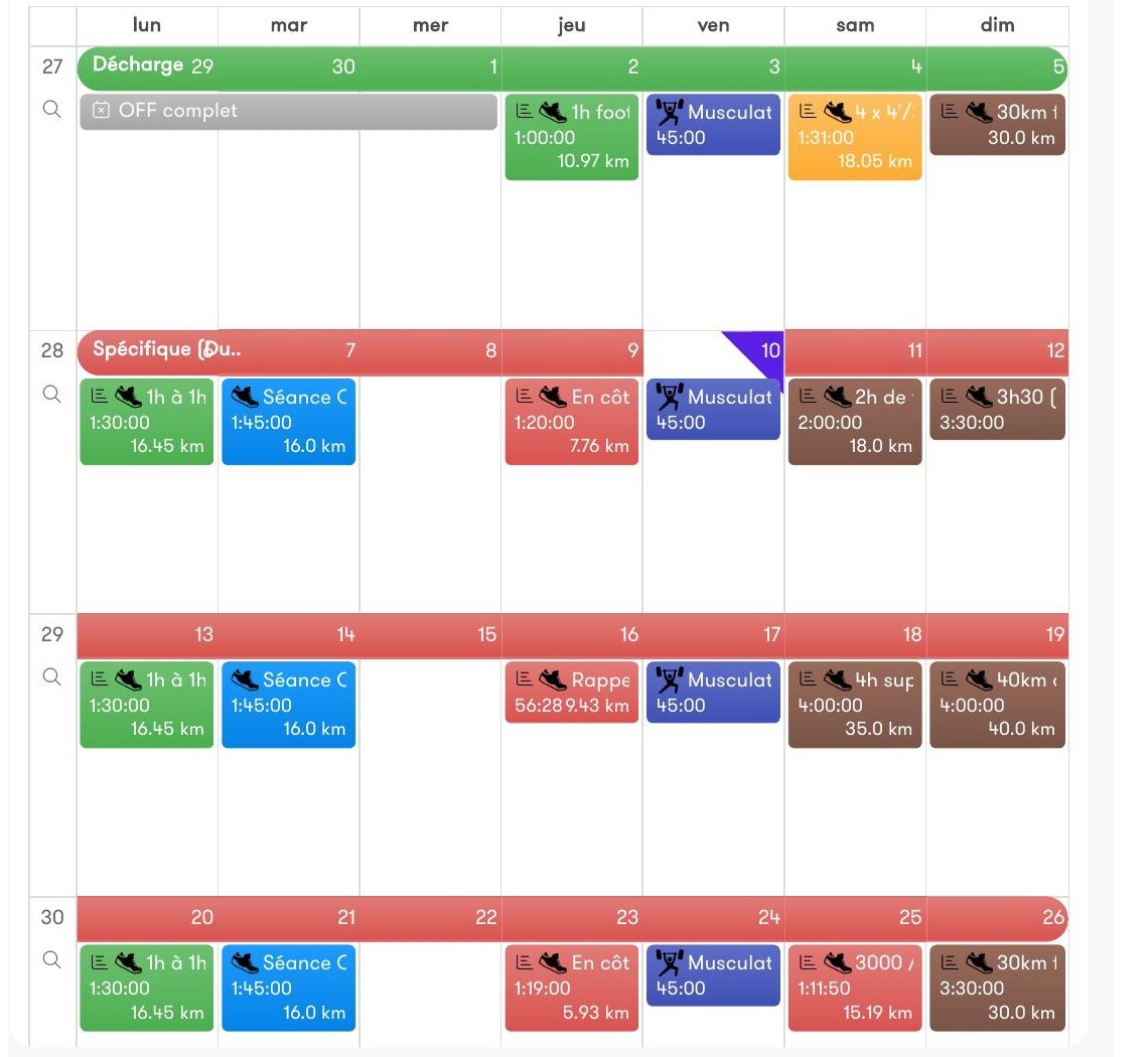 Plan mensuel d'entraînement dans l'application Nolio